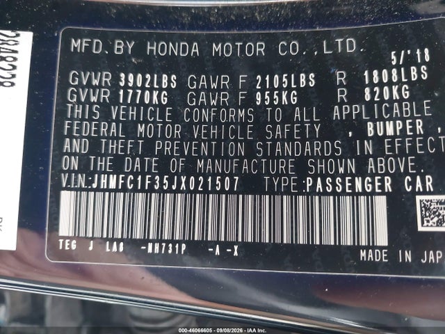 Продажа на аукционе авто 2018 Honda Civic Ex-t, vin: JHMFC1F35JX021507, номер лота: 46066605
