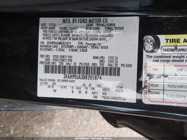 Продаж на аукціоні авто 2011 Ford Fusion Sel, vin: 3FAHP0JA3BR201874, номер лоту: 46066621
