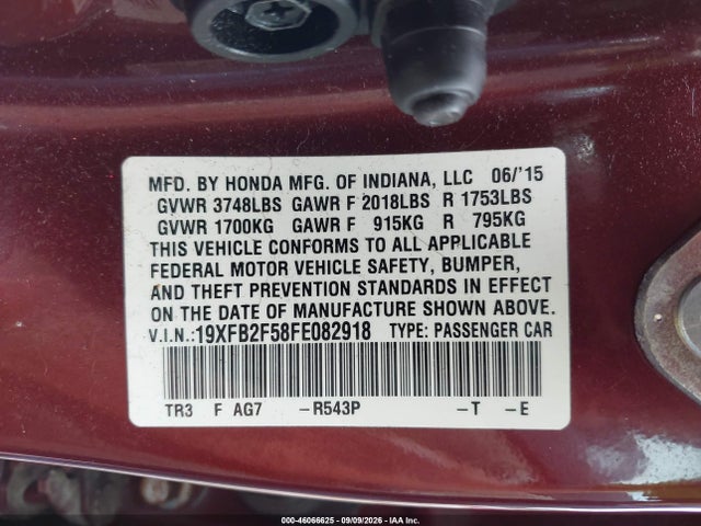 Продажа на аукционе авто 2015 Honda Civic Lx, vin: 19XFB2F58FE082918, номер лота: 46066625