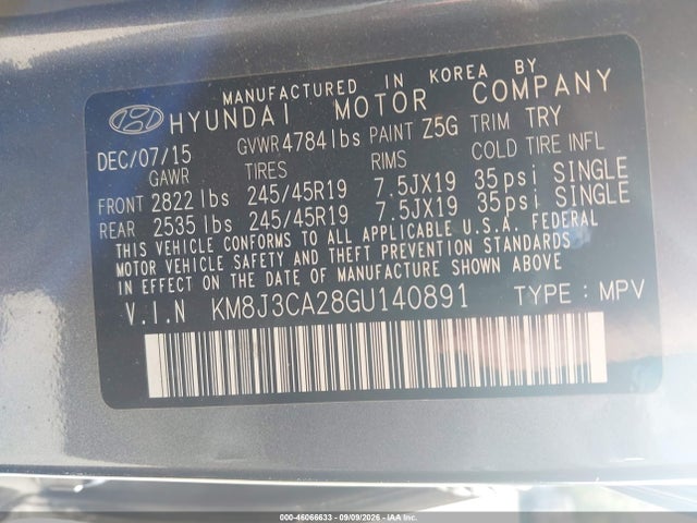 46066633 :رقم المزاد ، KM8J3CA28GU140891 vin ، 2016 Hyundai Tucson Limited مزاد بيع