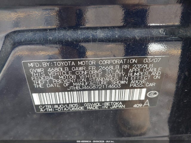 Продаж на аукціоні авто 2007 Lexus Es 350, vin: JTHBJ46G872114603, номер лоту: 46066634