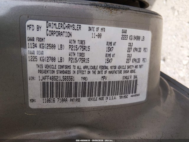 Aukcja sprzedaży 2001 Jeep Cherokee Sport, vin: 1J4FF48S21L565561, numer aukcji: 46066638