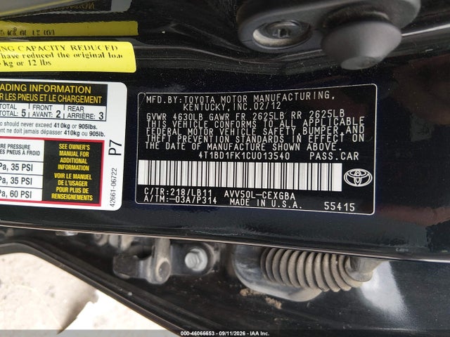 Продаж на аукціоні авто 2012 Toyota Camry Hybrid Xle, vin: 4T1BD1FK1CU013540, номер лоту: 46066653