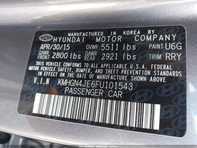 Продаж на аукціоні авто 2015 Hyundai Genesis 3.8, vin: KMHGN4JE6FU101543, номер лоту: 46066666