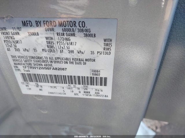 Продажа на аукционе авто 2008 Ford F-150 Xlt, vin: 1FTRW12W98FA82087, номер лота: 46066675