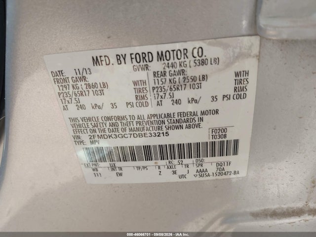 2013 Ford Edge Se მანქანა იყიდება აუქციონზე, vin: 2FMDK3GC7DBE33215, აუქციონის ნომერი: 46066701