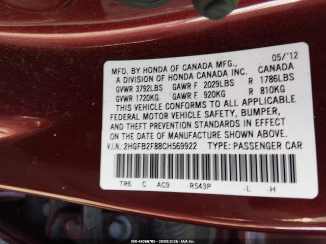 Продажа на аукционе авто 2012 Honda Civic Ex, vin: 2HGFB2F88CH569922, номер лота: 46066705