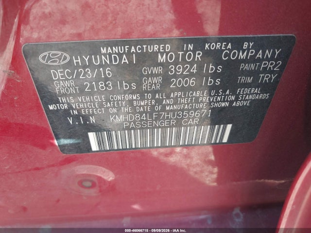 Продаж на аукціоні авто 2017 Hyundai Elantra Limited, vin: KMHD84LF7HU359671, номер лоту: 46066715