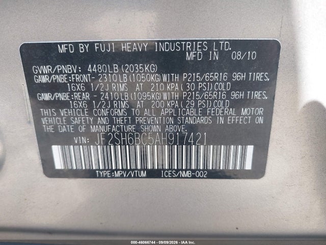 Aukcja sprzedaży 2010 Subaru Forester 2.5x, vin: JF2SH6BC5AH917421, numer aukcji: 46066744