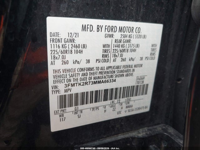 2021 Ford Mustang Mach-e California Route 1 მანქანა იყიდება აუქციონზე, vin: 3FMTK2R73MMA66334, აუქციონის ნომერი: 46066748
