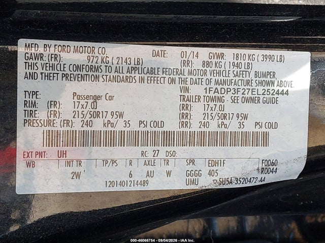 2014 Ford Focus Se მანქანა იყიდება აუქციონზე, vin: 1FADP3F27EL252444, აუქციონის ნომერი: 46066754