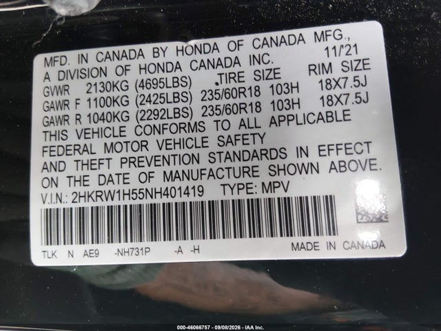 Aukcja sprzedaży 2022 Honda Cr-v 2wd Ex, vin: 2HKRW1H55NH401419, numer aukcji: 46066757