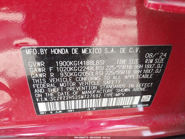 Продаж на аукціоні авто 2025 Honda Hr-v Awd Sport, vin: 3CZRZ2H52SM727692, номер лоту: 46066778