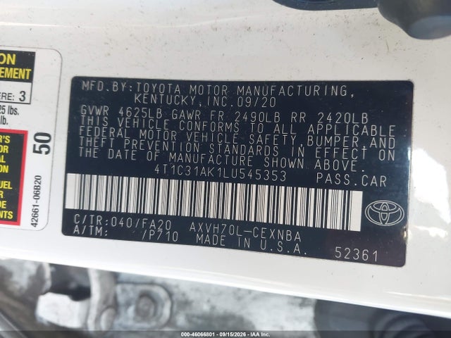 Продажа на аукционе авто 2020 Toyota Camry Le Hybrid, vin: 4T1C31AK1LU545353, номер лота: 46066801