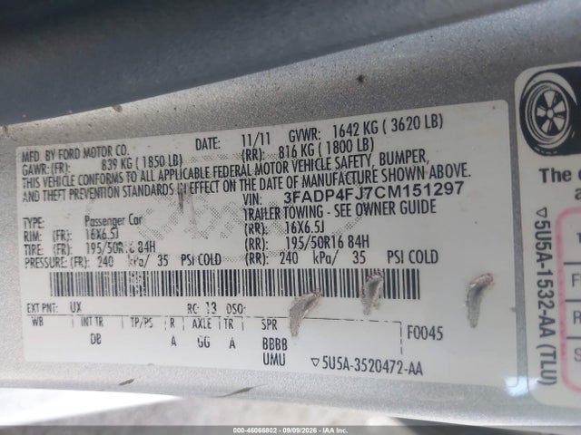 46066802 :رقم المزاد ، 3FADP4FJ7CM151297 vin ، 2012 Ford Fiesta Ses مزاد بيع