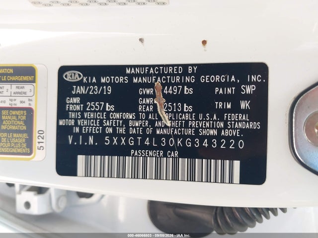2019 Kia Optima Lx მანქანა იყიდება აუქციონზე, vin: 5XXGT4L30KG343220, აუქციონის ნომერი: 46066803