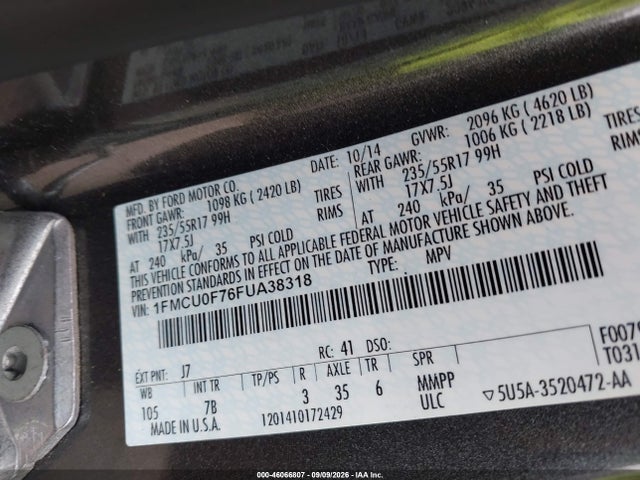 Aukcja sprzedaży 2015 Ford Escape S, vin: 1FMCU0F76FUA38318, numer aukcji: 46066807