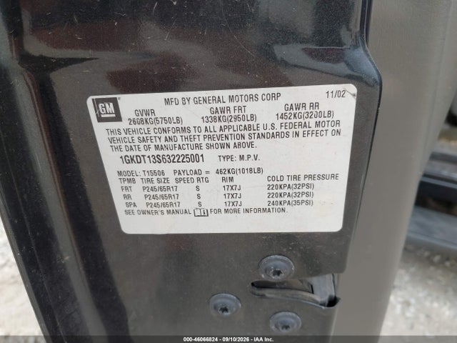 46066824 :رقم المزاد ، 1GKDT13S632225001 vin ، 2003 Gmc Envoy Sle مزاد بيع