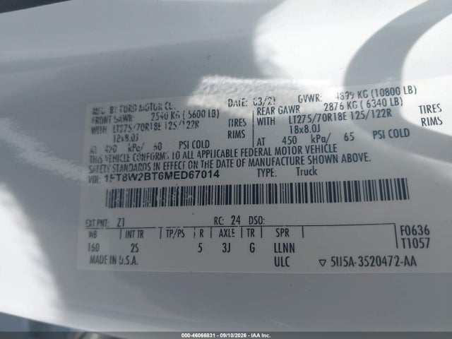 Продаж на аукціоні авто 2021 Ford F-250 Xlt, vin: 1FT8W2BT6MED67014, номер лоту: 46066831