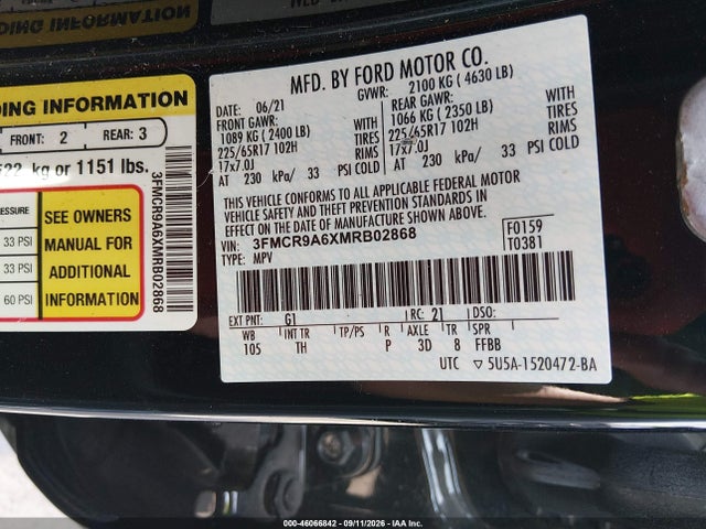 Продажа на аукционе авто 2021 Ford Bronco Sport, vin: 3FMCR9A6XMRB02868, номер лота: 46066842