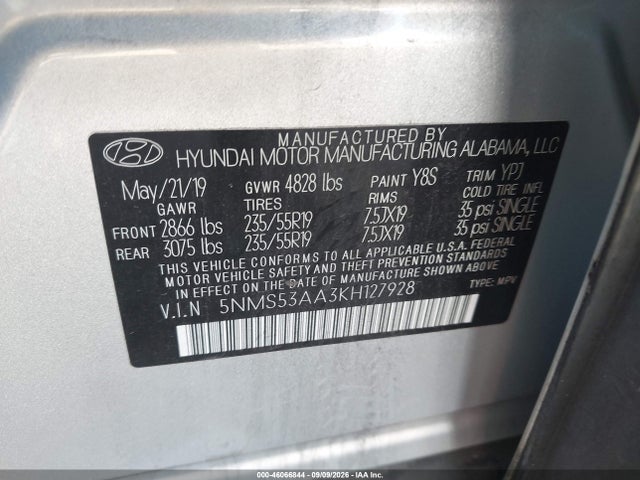 2019 Hyundai Santa Fe Limited 2.0t მანქანა იყიდება აუქციონზე, vin: 5NMS53AA3KH127928, აუქციონის ნომერი: 46066844