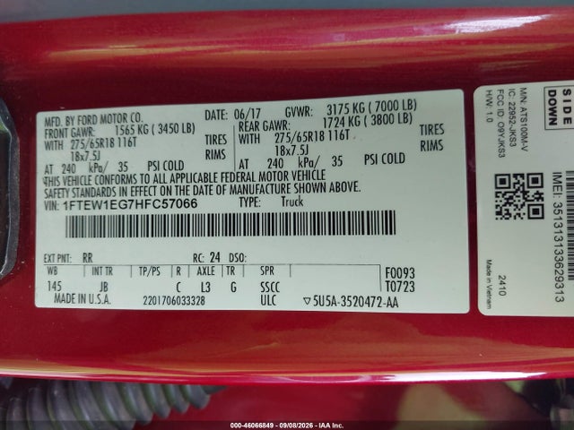 46066849 :رقم المزاد ، 1FTEW1EG7HFC57066 vin ، 2017 Ford F-150 Xlt مزاد بيع