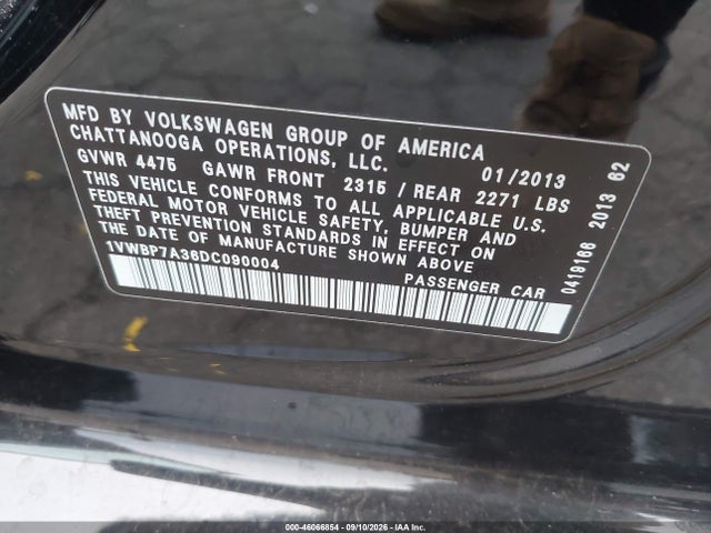 Продажа на аукционе авто 2013 Volkswagen Passat 2.5l Se, vin: 1VWBP7A36DC090004, номер лота: 46066854