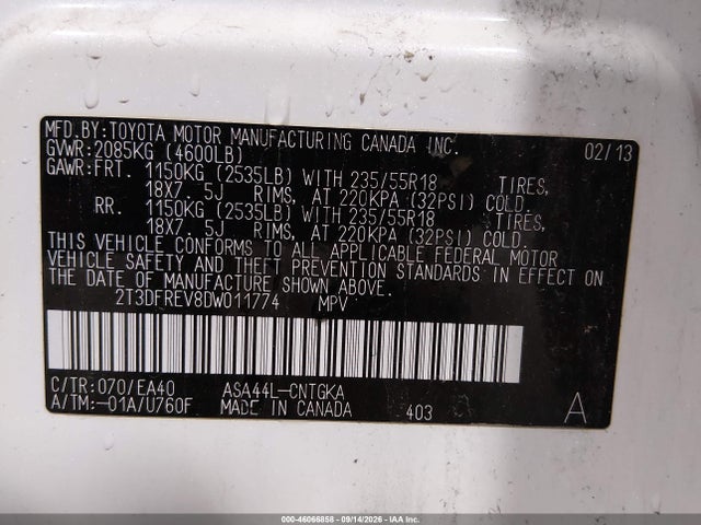 46066858 :رقم المزاد ، 2T3DFREV8DW011774 vin ، 2013 Toyota Rav4 Limited مزاد بيع