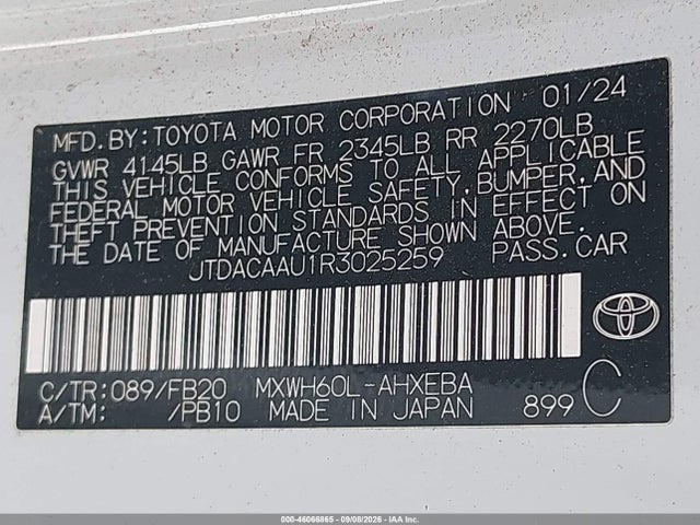 2024 Toyota Prius Le მანქანა იყიდება აუქციონზე, vin: JTDACAAU1R3025259, აუქციონის ნომერი: 46066865