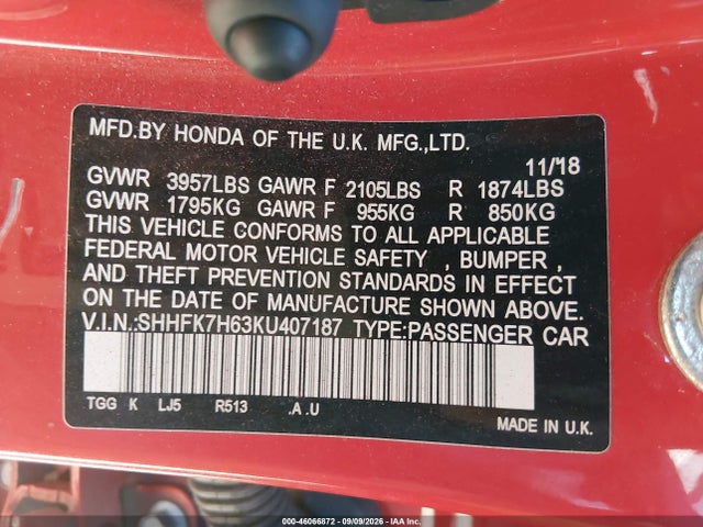 46066872 :رقم المزاد ، SHHFK7H63KU407187 vin ، 2019 Honda Civic Ex مزاد بيع