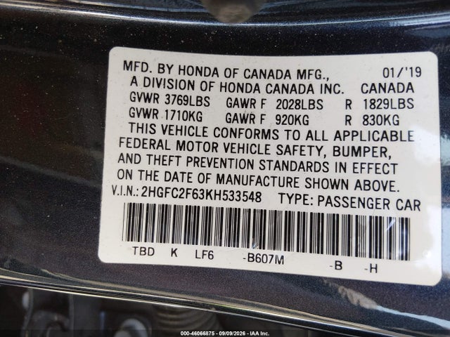 Honda Civic Lx 2019 2HGFC2F63KH533548 Image 9