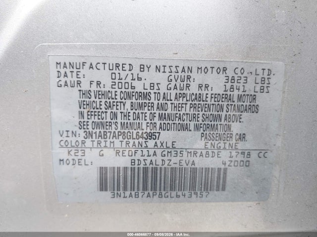 46066877 :رقم المزاد ، 3N1AB7AP8GL643957 vin ، 2016 Nissan Sentra Fe+ S/s/sl/sr/sv مزاد بيع