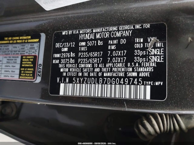2013 Hyundai Santa Fe Sport მანქანა იყიდება აუქციონზე, vin: 5XYZUDLB7DG049745, აუქციონის ნომერი: 46066890