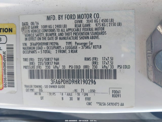 Продажа на аукционе авто 2017 Ford Fusion Se, vin: 3FA6P0HD9HR190296, номер лота: 46066905