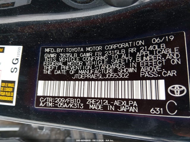 Aukcja sprzedaży 2020 Toyota Corolla Le, vin: JTDEPRAE5LJ055302, numer aukcji: 46066909