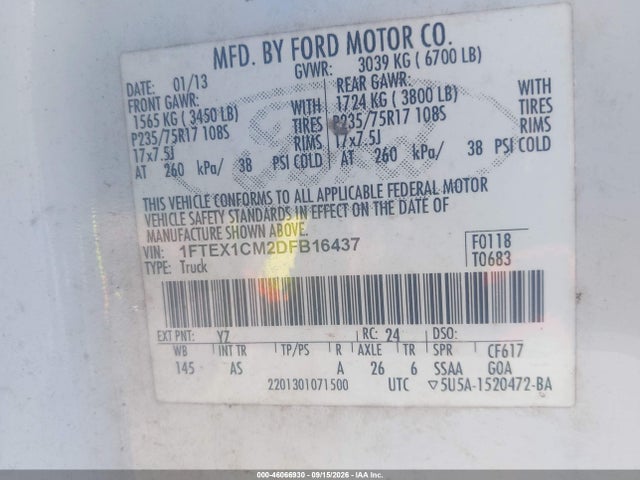 Продаж на аукціоні авто 2013 Ford F-150 Xl, vin: 1FTEX1CM2DFB16437, номер лоту: 46066930