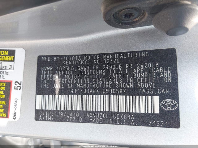 Aukcja sprzedaży 2020 Toyota Camry Xle Hybrid, vin: 4T1F31AKXLU530587, numer aukcji: 46066940