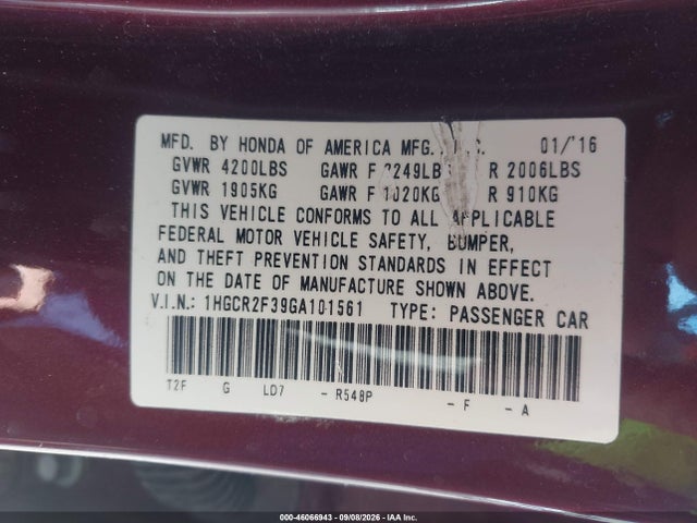 Продажа на аукционе авто 2016 Honda Accord Lx, vin: 1HGCR2F39GA101561, номер лота: 46066943