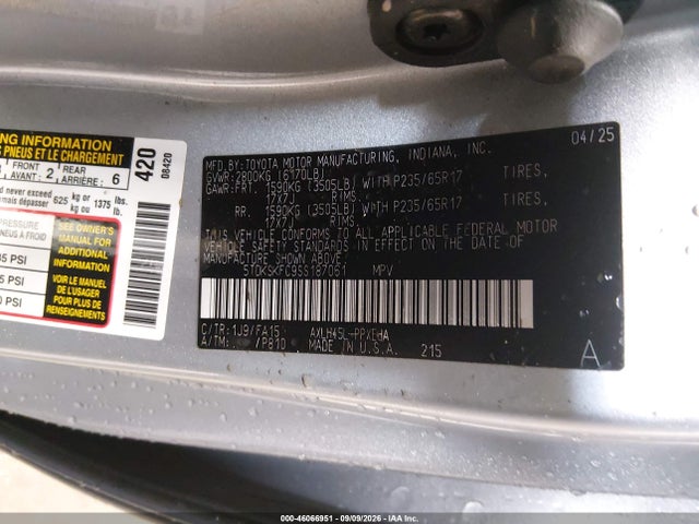 46066951 :رقم المزاد ، 5TDKSKFC9SS187061 vin ، 2025 Toyota Sienna Le مزاد بيع