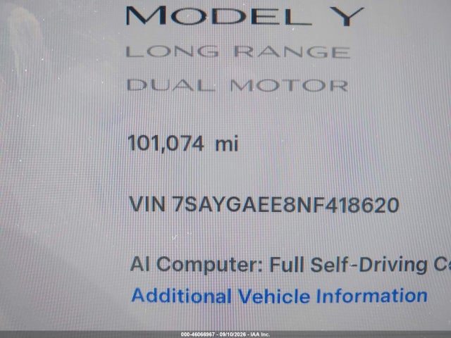46066967 :رقم المزاد ، 7SAYGAEE8NF418620 vin ، 2022 Tesla Model Y Long Range Dual Motor All-wheel Drive مزاد بيع