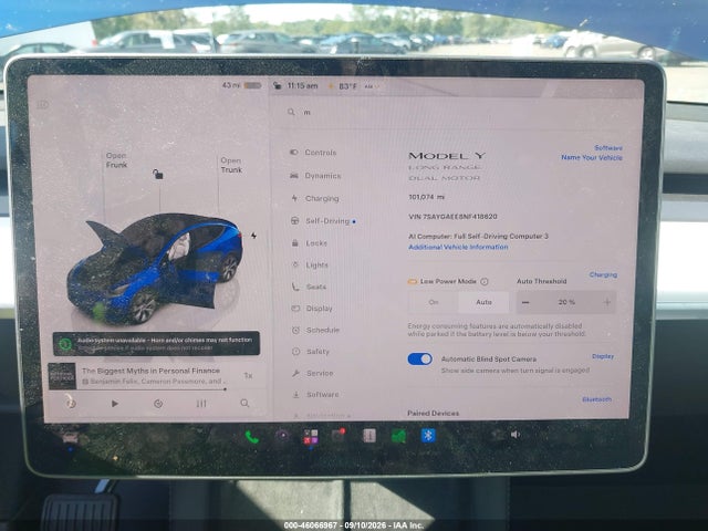 46066967 :رقم المزاد ، 7SAYGAEE8NF418620 vin ، 2022 Tesla Model Y Long Range Dual Motor All-wheel Drive مزاد بيع