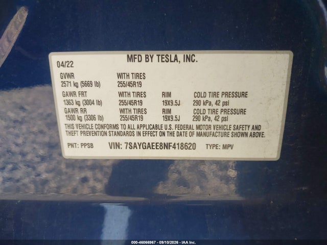 46066967 :رقم المزاد ، 7SAYGAEE8NF418620 vin ، 2022 Tesla Model Y Long Range Dual Motor All-wheel Drive مزاد بيع