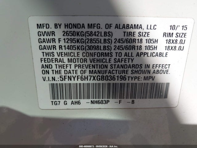 Aukcja sprzedaży 2016 Honda Pilot Ex-l, vin: 5FNYF6H7XGB036196, numer aukcji: 46066973