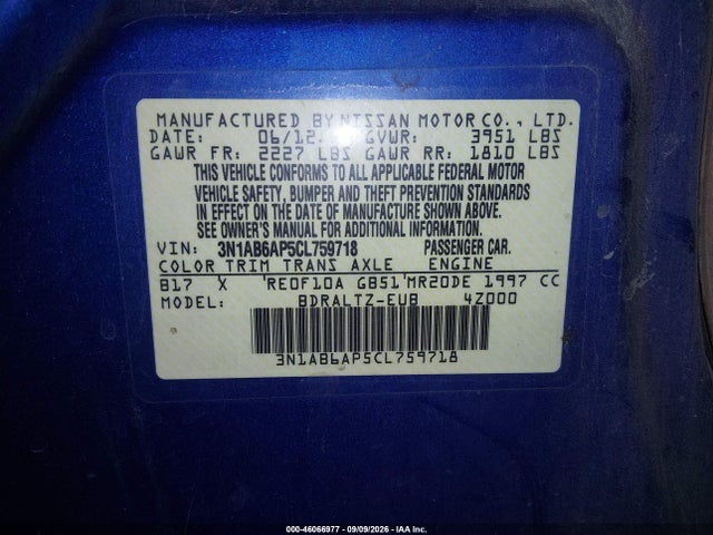 2012 Nissan Sentra 2.0 Sr მანქანა იყიდება აუქციონზე, vin: 3N1AB6AP5CL759718, აუქციონის ნომერი: 46066977