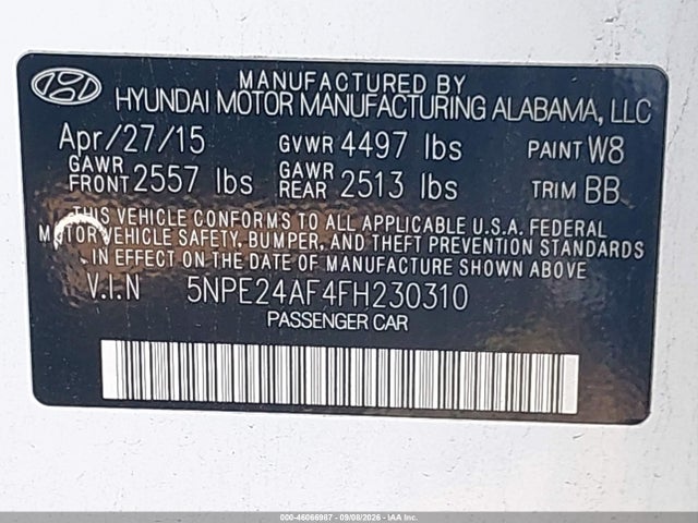 2015 Hyundai Sonata Se მანქანა იყიდება აუქციონზე, vin: 5NPE24AF4FH230310, აუქციონის ნომერი: 46066987