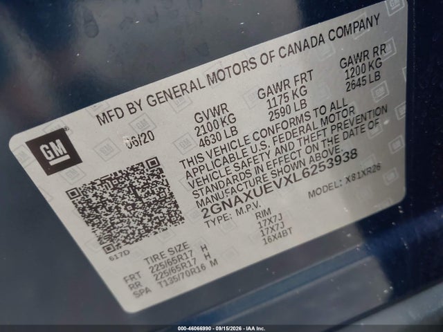 Продаж на аукціоні авто 2020 Chevrolet Equinox Awd Lt 1.5l Turbo, vin: 2GNAXUEVXL6253938, номер лоту: 46066990