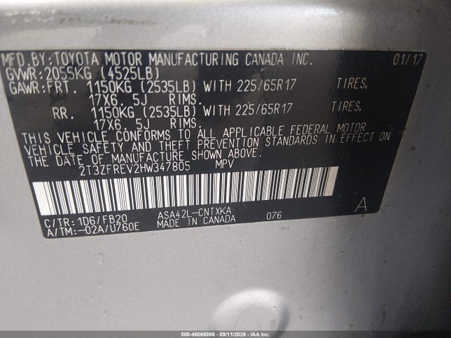 46066996 :رقم المزاد ، 2T3ZFREV2HW347805 vin ، 2017 Toyota Rav4 Le مزاد بيع