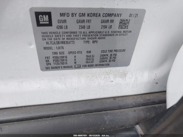 46067001 :رقم المزاد ، KL7CJLSB1MB354773 vin ، 2021 Chevrolet Trax Fwd Lt مزاد بيع