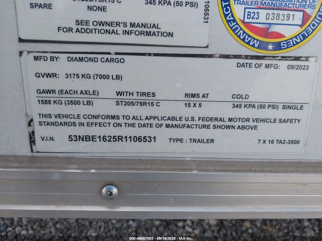 Продажа на аукционе авто 2024 Diamond Trailers Inc Other, vin: 53NBE1625R1106531, номер лота: 46067003
