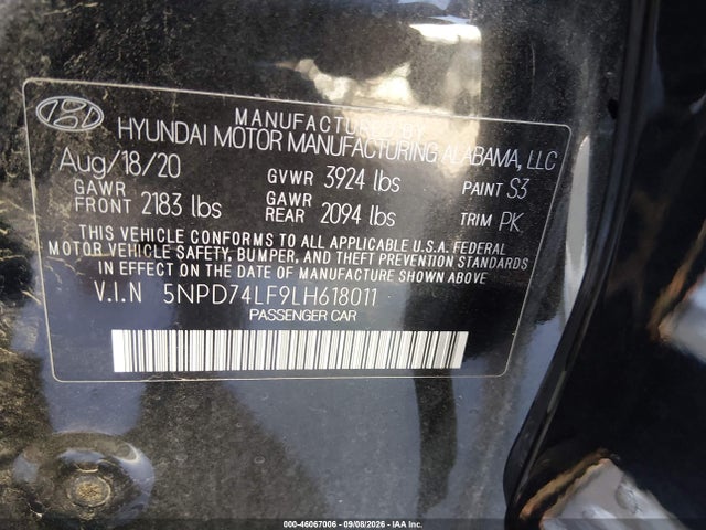 Продаж на аукціоні авто 2020 Hyundai Elantra Se, vin: 5NPD74LF9LH618011, номер лоту: 46067006
